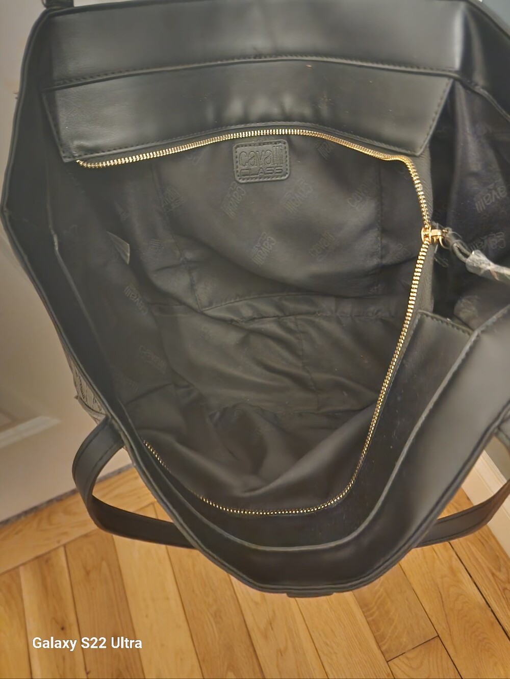 Roberto Cavalli Black Tote with Gold-Tone Zipper